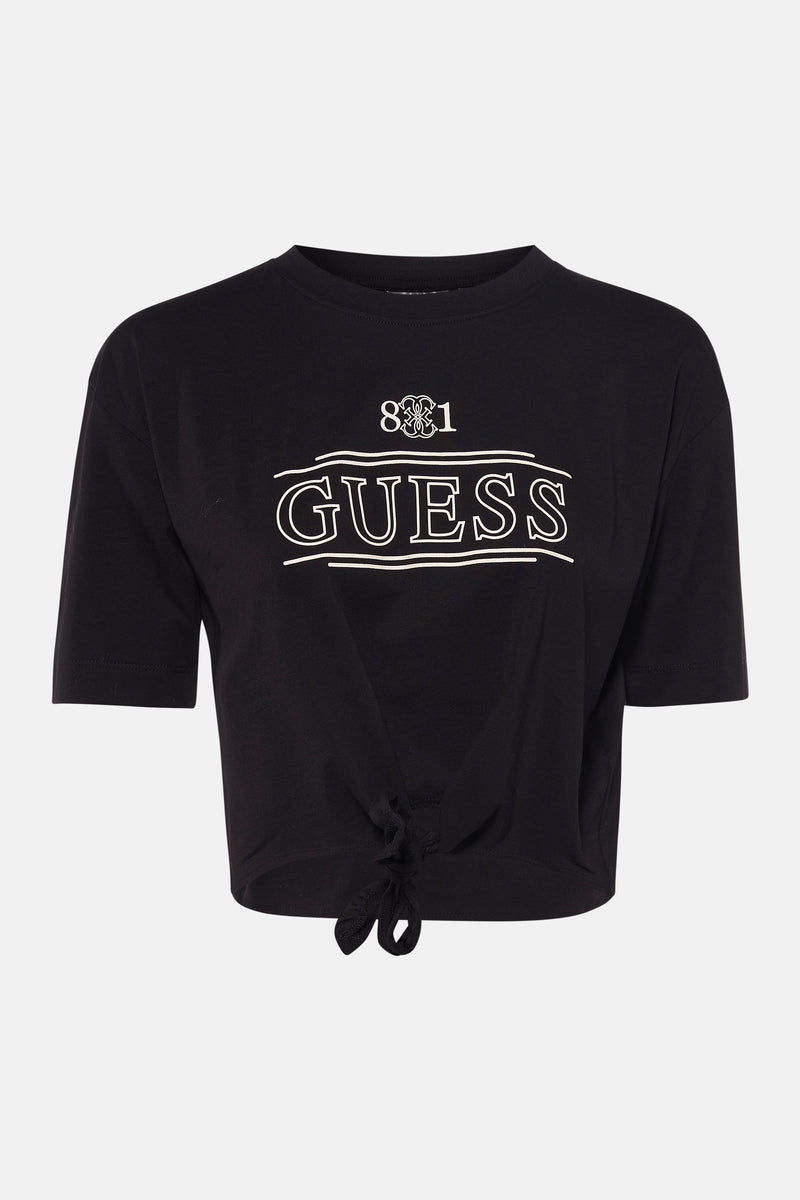 Zwart T-shirt met korte mouwen van Guess, effen en casual, van achteren getoond.