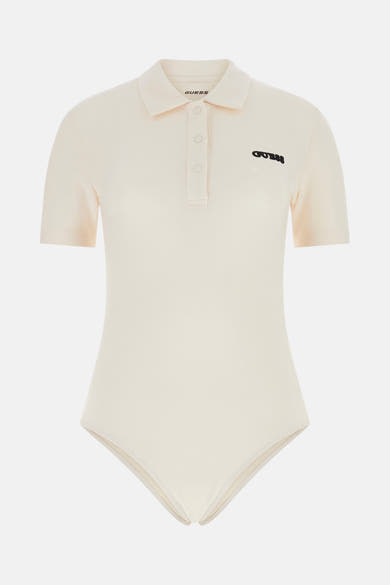 Ecru T-shirt met korte mouwen van Guess, slim fit met polokraag, achterzijde.