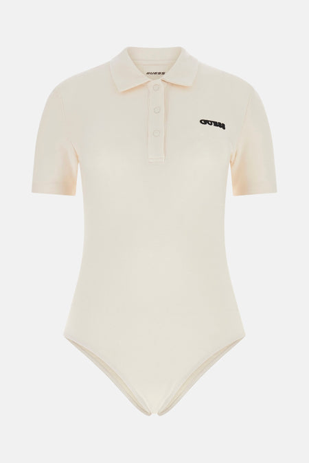 T-shirt écru à manches courtes de Guess, avec boutons et logo noir brodé.
