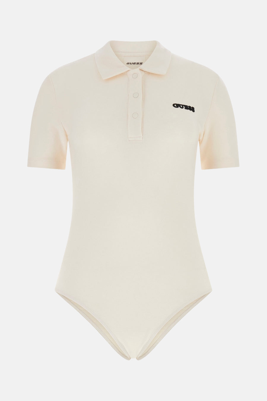Ecru T-shirt met korte mouwen van Guess, slim fit met polokraag, achterzijde.