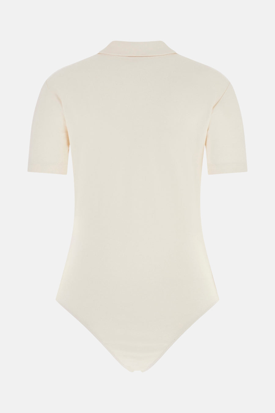 T-shirt écru à manches courtes de Guess, coupe ajustée avec col polo, vue de dos.
