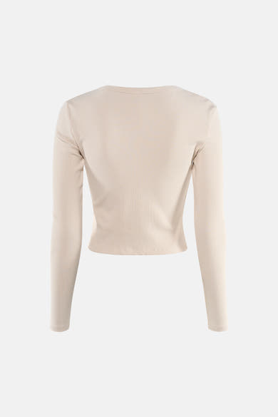 Ecru T-shirt met lange mouwen van Guess, in ribgebreide stof, achterkant.