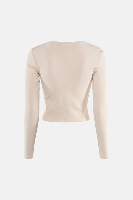 Ecru T-shirt met lange mouwen van Guess, in ribgebreide stof, achterkant.