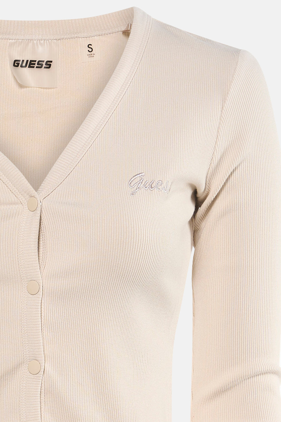 Ecru T-shirt met korte mouwen van Guess, geborduurd logo-detail op de voorkant.