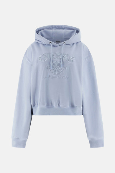 Lichtblauwe hoodie van Guess met geborduurd logo op de voorkant.