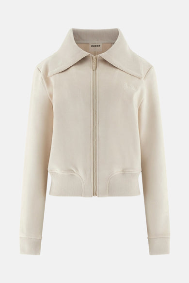 Beige cardigan van Guess, met ritssluiting aan de voorkant en een omgeslagen kraag.