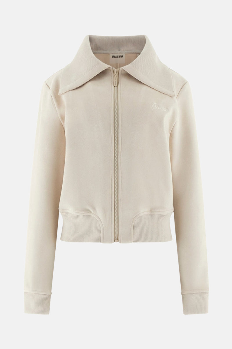 Beige cardigan van Guess, met ritssluiting aan de voorkant en een omgeslagen kraag.