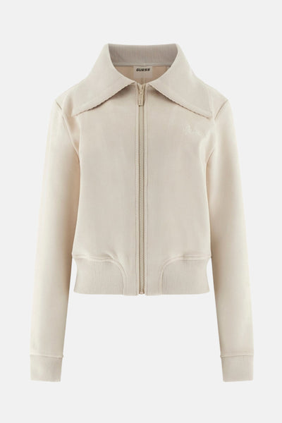 Cardigan beige par Guess, avec fermeture éclair sur le devant et col rabattu.