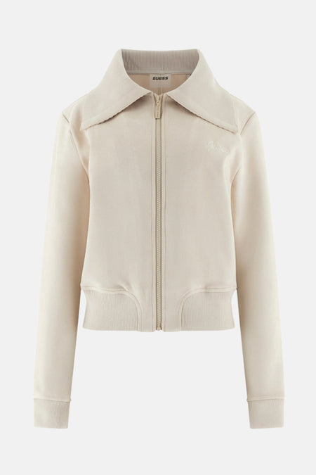 Cardigan beige par Guess, avec fermeture éclair sur le devant et col rabattu.