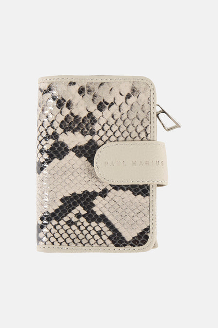 Grey crossbody bag with snake print texture by Paul Marius, featuring silver zipper and embossed brand tab, front view.