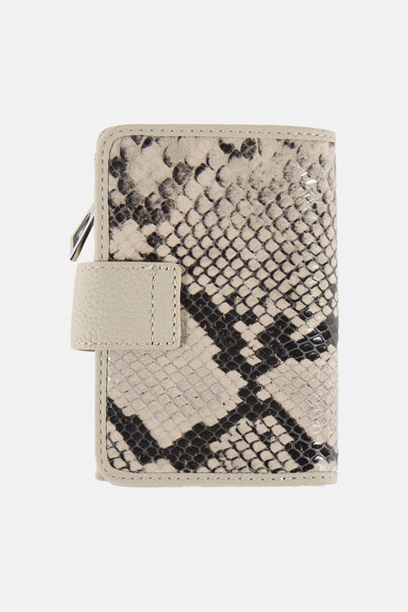 Grey crossbody bag with snake print pattern, textured leather trim, and silver-toned zipper closure, front view