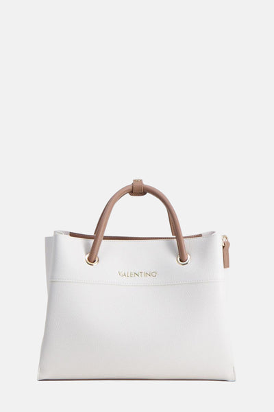 Sac à main blanc en cuir de VALENTINO BAGS, avec anses marron clair et finitions dorées.