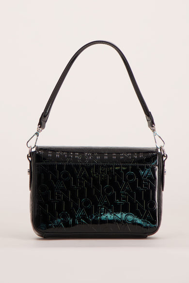 Black patent leather shoulder bag with embossed Valentino logo pattern, front view, shiny texture, silver-tone hardware