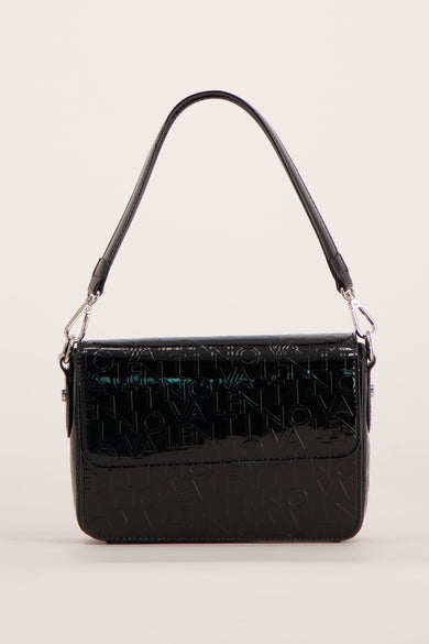 Black patent leather shoulder bag with embossed logo pattern and silver-tone hardware, front view