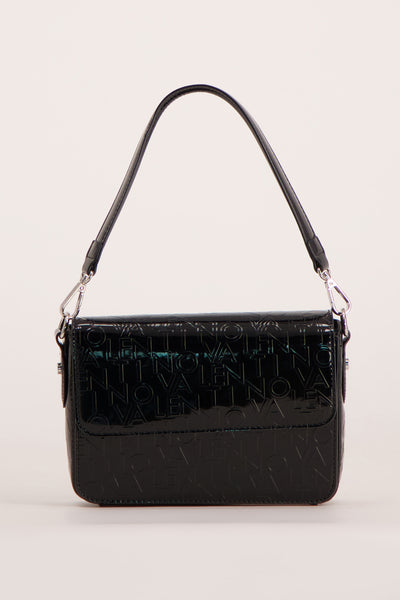 Black patent leather shoulder bag with embossed logo pattern and silver-tone hardware, front view