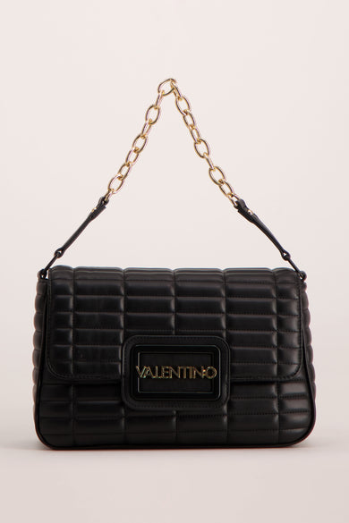 Black quilted leather shoulder bag by Valentino with gold-tone chain strap and front logo plaque, front view