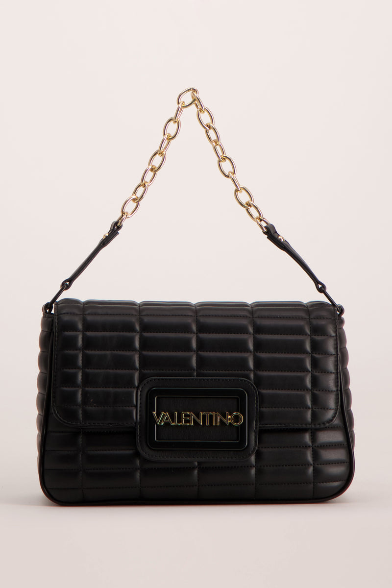 Black quilted leather shoulder bag by Valentino with gold-tone chain strap and front logo plaque, front view