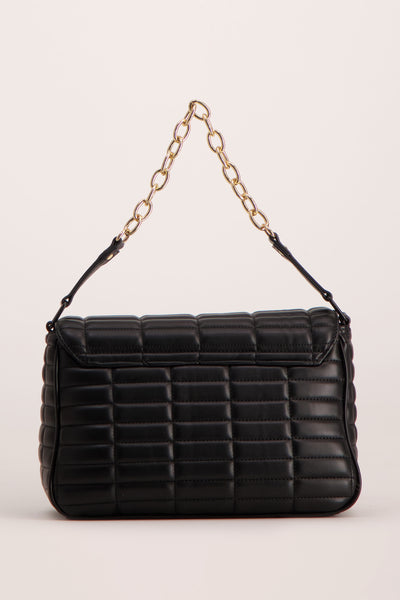 Black quilted leather shoulder bag with gold-tone chain strap, front view