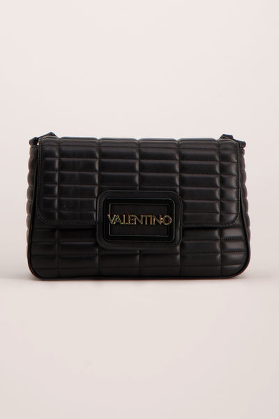 Black quilted leather shoulder bag by Valentino with gold-tone logo plaque, front view