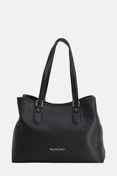 Zwarte schoudertas van VALENTINO BAGS, met gouden metalen details en een generfde textuur.