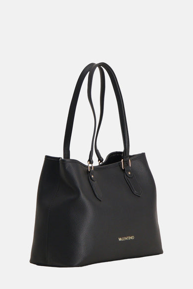 Zwarte schoudertas van imitatieleer van Valentino Bags, met dubbele handgreep en gouden afwerkingen.