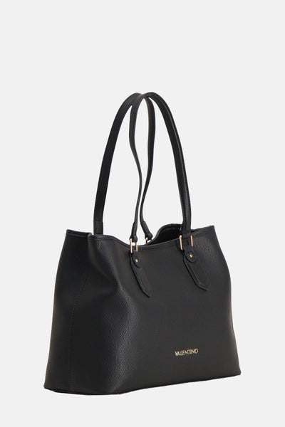 Zwarte schoudertas van imitatieleer van Valentino Bags, met dubbele handgreep en gouden afwerkingen.
