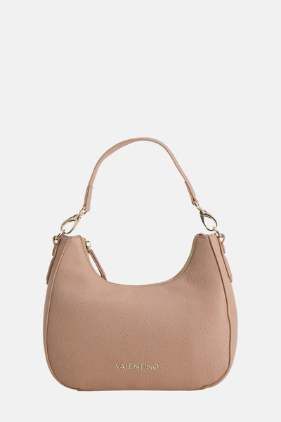 Beige leren handtas van VALENTINO BAGS, met een enkele schouderriem en een generfde textuur.