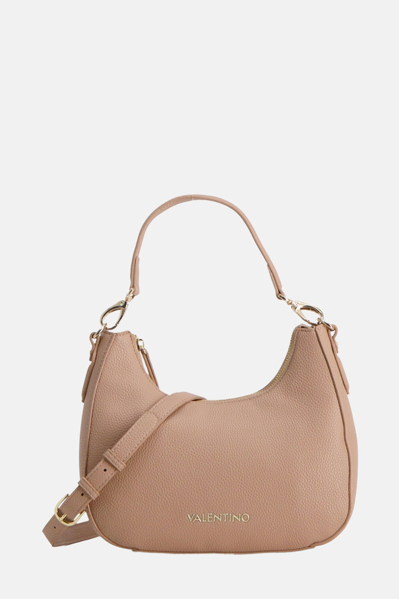 Beige handtas van VALENTINO BAGS, met een verstelbare schouderriem en een generfde textuur.