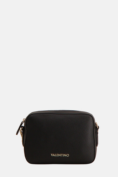 Zwarte Valentino Bags schoudertas, met een generfde textuur en een gouden schouderriem.