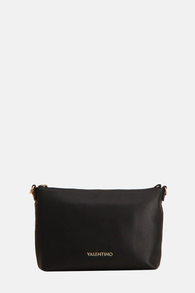 Sac à bandoulière noir de VALENTINO BAGS, avec une texture grainée et une fermeture éclair dorée.
