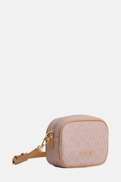 Beige Valentino Bags schoudertas met herhaald logo-patroon en lichtbruine schouderriem.