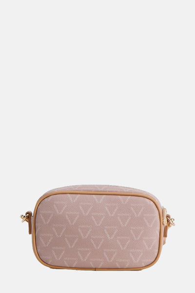 Beige schoudertas van VALENTINO BAGS, versierd met een toon-op-toon driehoekig patroon en een bruine bies.