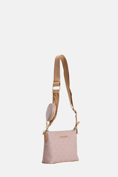 Sac à bandoulière beige de Valentino Bags, avec bandoulière logotypée et petit porte-monnaie rond.