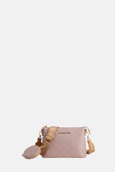 Beige schoudertas van VALENTINO BAGS, met ton-sur-ton V-patroon en logoband.