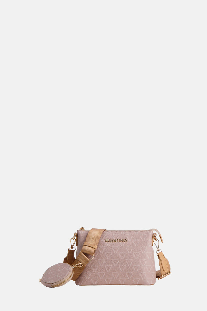 Beige schoudertas van VALENTINO BAGS, met ton-sur-ton V-patroon en logoband.