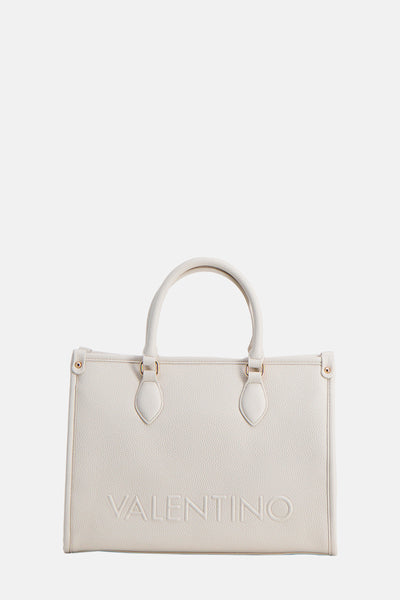 Sac à main écru de VALENTINO BAGS en cuir texturé avec double anse et logo en relief.