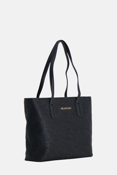 Sac à main noir en similicuir de Valentino Bags avec motif de logo en relief et poignées fines.