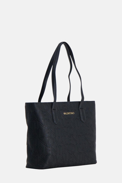 Sac à main noir en similicuir de Valentino Bags avec motif de logo en relief et poignées fines.