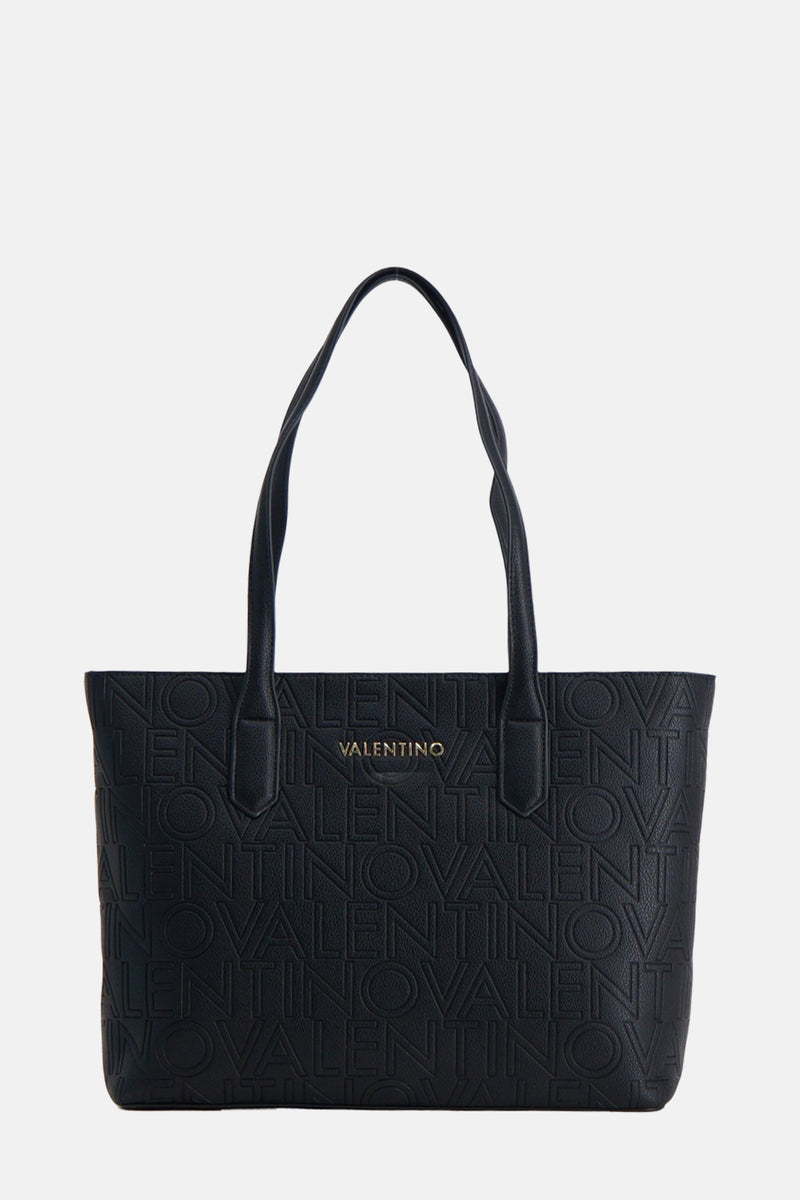 Sac à main noir de VALENTINO BAGS avec motif embossé du nom de la marque et double anse torsadée.