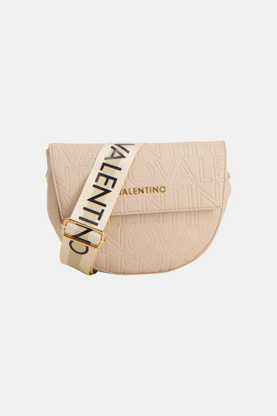 Ecru schoudertas van VALENTINO BAGS, versierd met toon-op-toon reliëfpatronen en een schouderriem met logo.