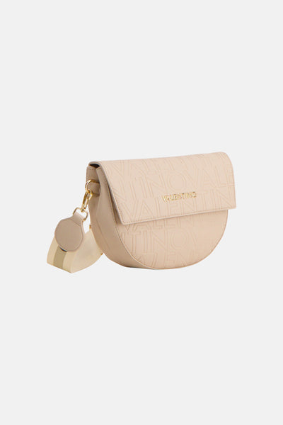 Ecru schoudertas van VALENTINO BAGS, met all-over reliëf logo patroon en gestreepte schouderriem.