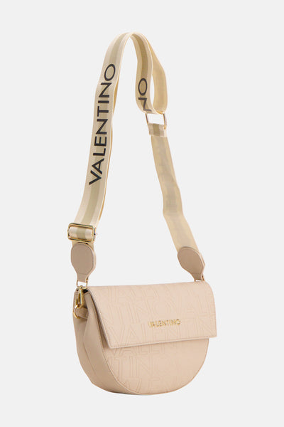 Ecru schoudertas van VALENTINO BAGS, met gestreepte schouderriem en logo, ton-sur-ton herhalend merknamemotief.