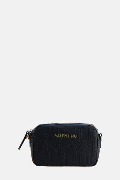 Sac à bandoulière noir de VALENTINO BAGS avec motif de lettres en relief, garnitures dorées.
