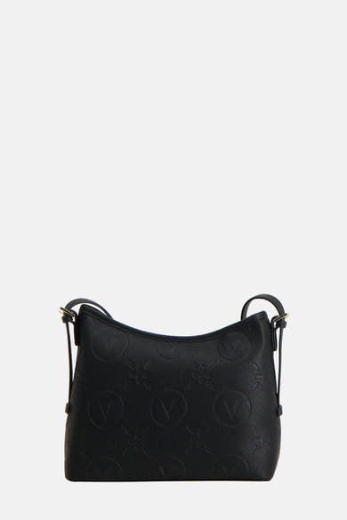 Zwarte schoudertas van VALENTINO BAGS, met reliëf logo patroon en dunne schouderriem.