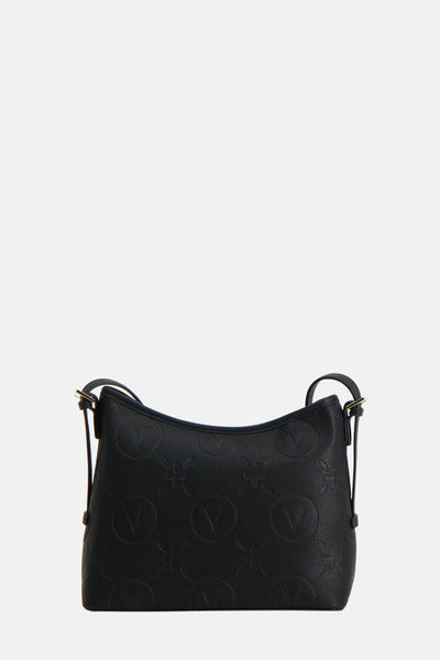 Zwarte schoudertas van VALENTINO BAGS, met reliëf logo patroon en dunne schouderriem.