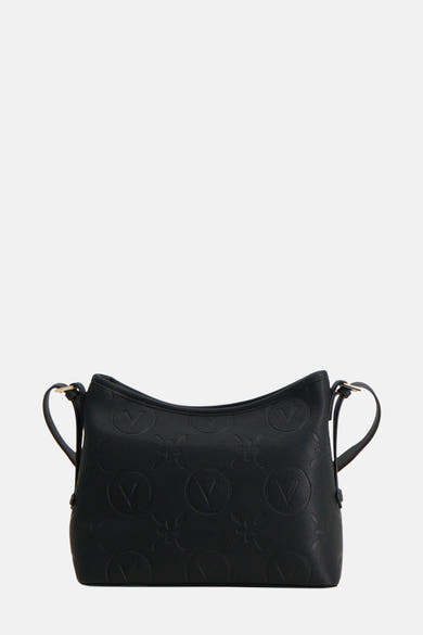 Zwarte VALENTINO BAGS schoudertas met reliëf logo patroon en dunne schouderbanden.