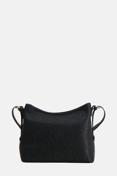 Zwarte VALENTINO BAGS schoudertas met reliëf logo patroon en dunne schouderbanden.