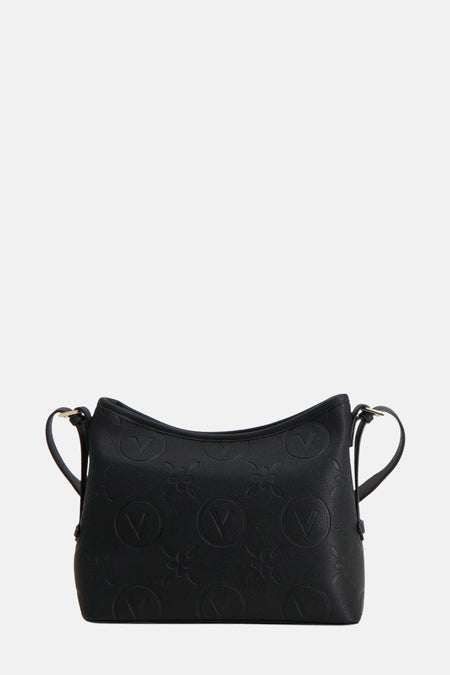 Zwarte VALENTINO BAGS schoudertas met reliëf logo patroon en dunne schouderbanden.