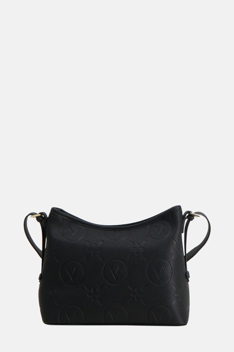 Zwarte VALENTINO BAGS schoudertas met reliëf logo patroon en dunne schouderbanden.
