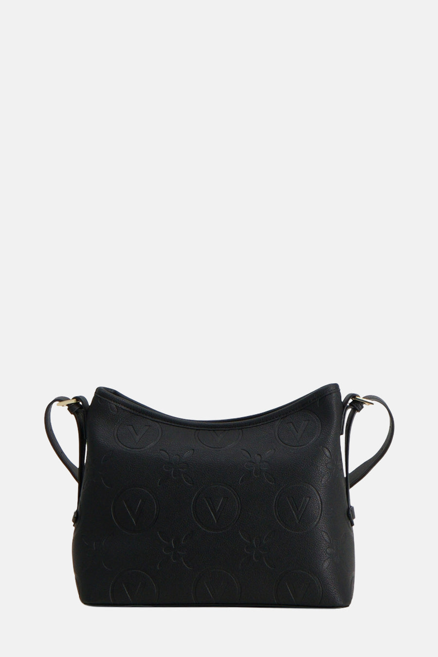 Zwarte VALENTINO BAGS schoudertas met reliëf logo patroon en dunne schouderbanden.